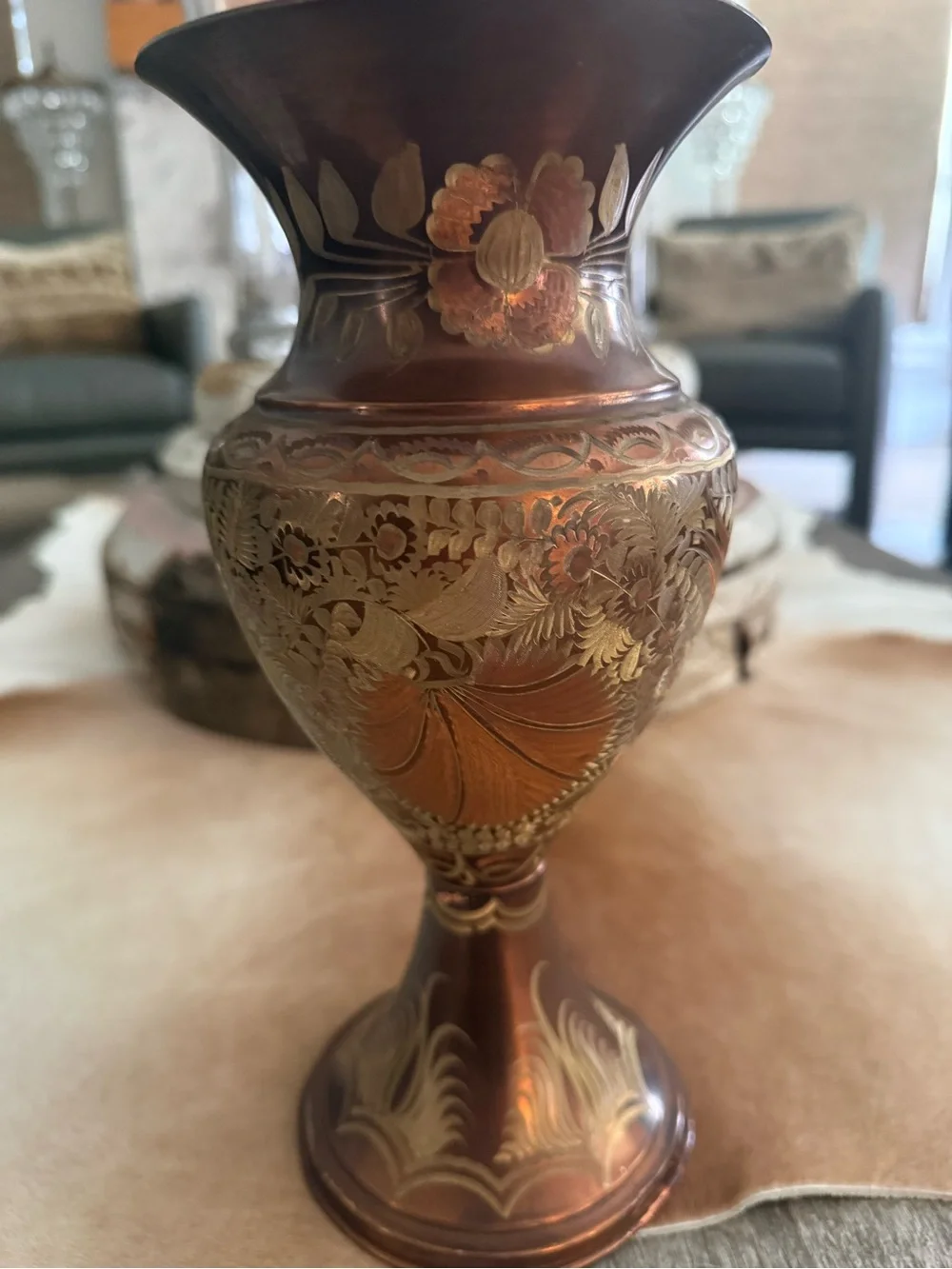 Ornate Copper-Tone Decorative Vase - Floral Etched Accent